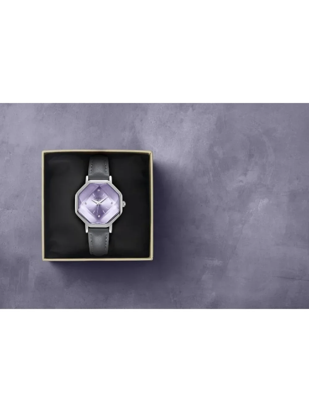 Women's Silver Leather Band Octagon Faceted Crystal Dial Classic Wrist Watch